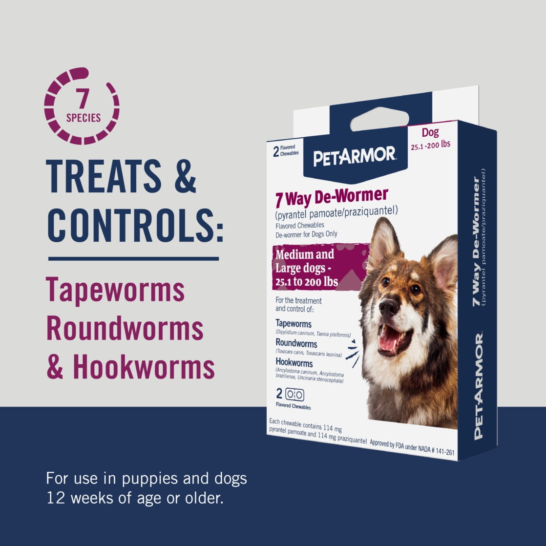PETARMOR 7 Way De-Wormer for Medium and Large Dogs, 25.1-200 lbs, 2 Chewable Tablets