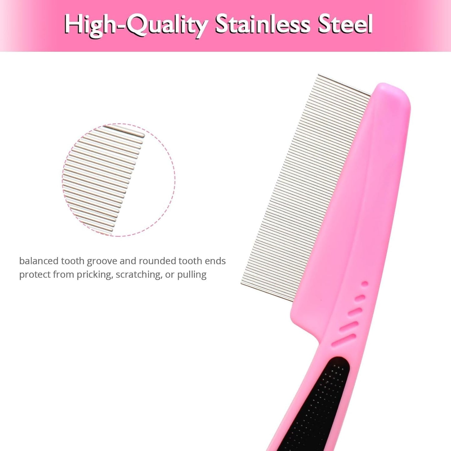 Flea and Lice Comb for Dogs and Cats - Promotes Hair Growth, Removes Loose Hair, Knots, and Flakes - Rubber Handle Brush for Pet Grooming (Pink)