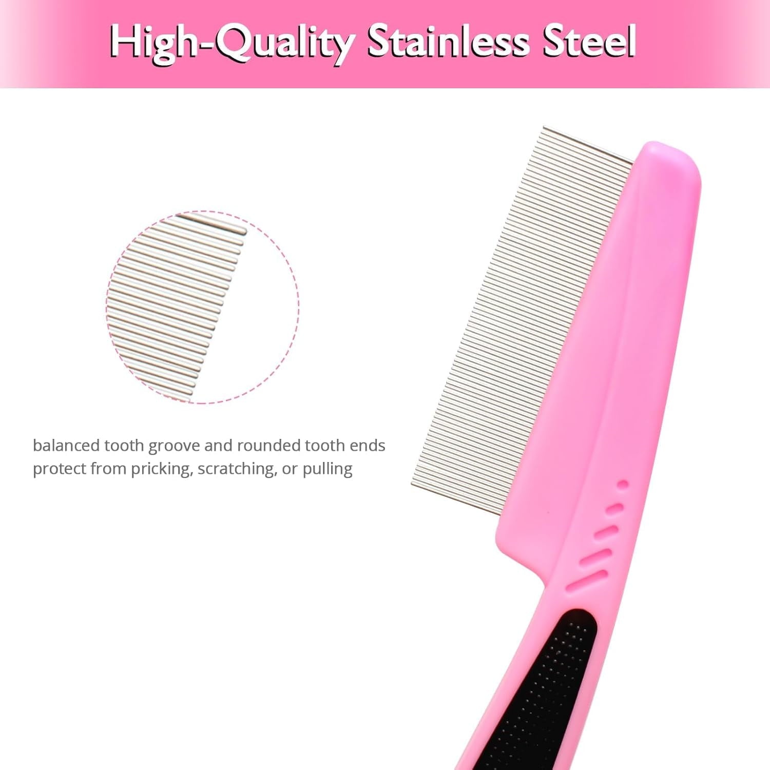 Flea and Lice Comb for Dogs and Cats - Promotes Hair Growth, Removes Loose Hair, Knots, and Flakes - Rubber Handle Brush for Pet Grooming (Pink)