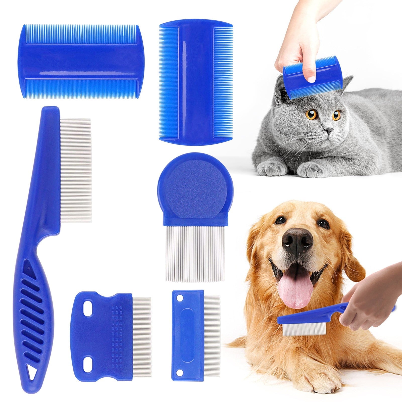 GERsome 6 Pack Flea Lice Comb, Stainless Steel Dog Cat Grooming Combs with Rounded Teeth,Double Sided Professional Pet Tear Stain Remover, Dematting Tool for Small, Medium & Large Pets