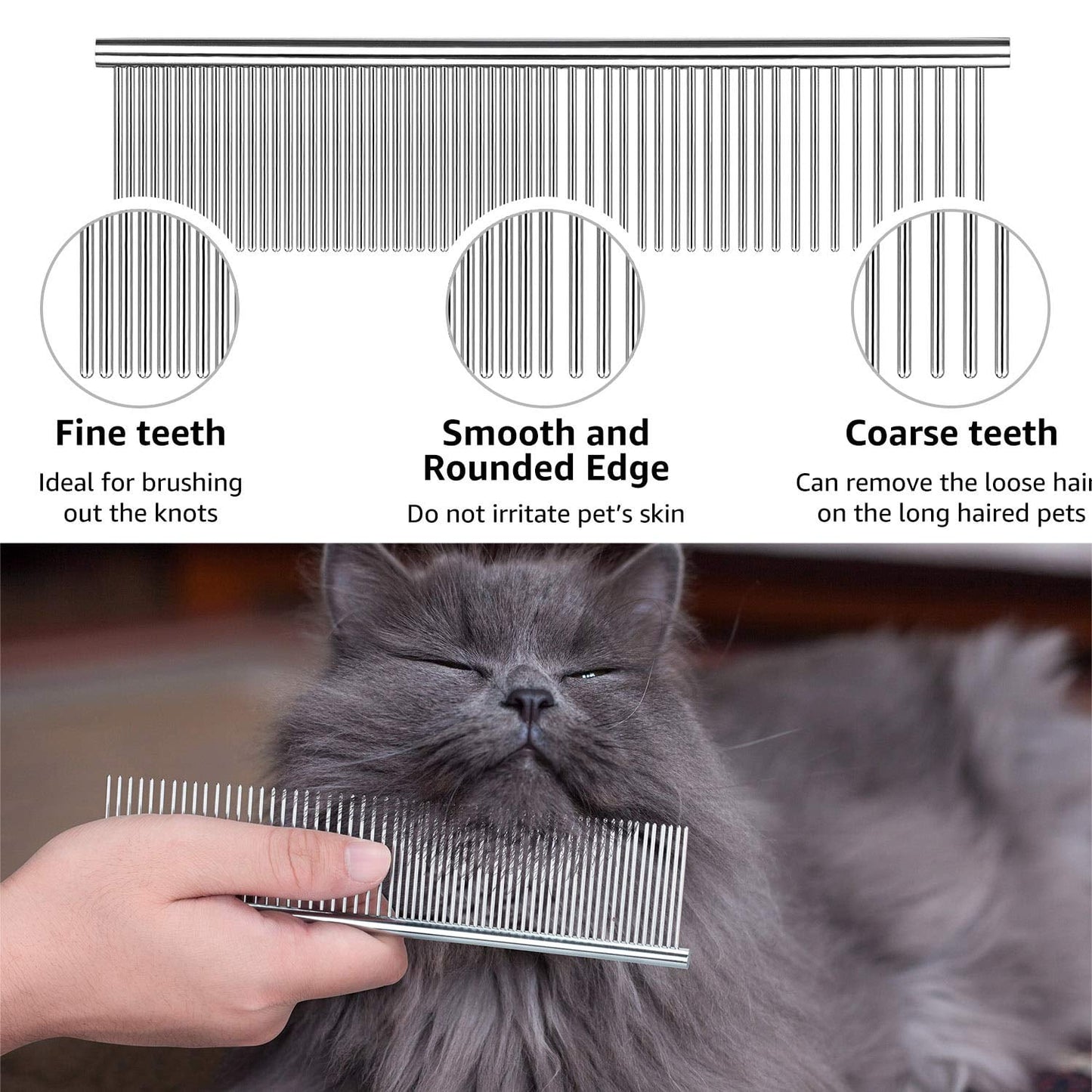 Metal Dog Combs for Cats Dogs, Pet Grooming Combs Set with Round Teeth for Dogs Cats and Other Pets Removing Tangles and Knots