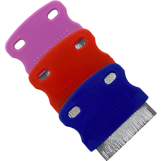 ACDANC 3Pcs Flea Comb,Anti-Slip Handle Design Dog Hair Brush,Double Hole Design for Easy Hanging Cat Comb,Blue Red Pink