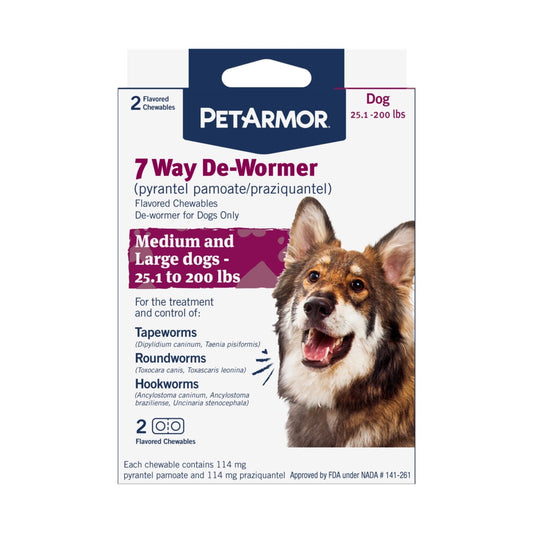 PETARMOR 7 Way De-Wormer for Medium and Large Dogs, 25.1-200 lbs, 2 Chewable Tablets