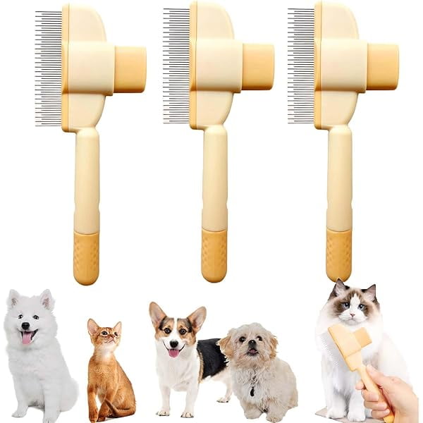 Saluqifa Zen Brush For Cats, Zenbrush Cat Comb - Removes Fur & Relieves Pain, Avatar Cat Comb for Long and Short Hair, Self Cleaning Pet Flea Combs Grooming Brush (3*Yellow)