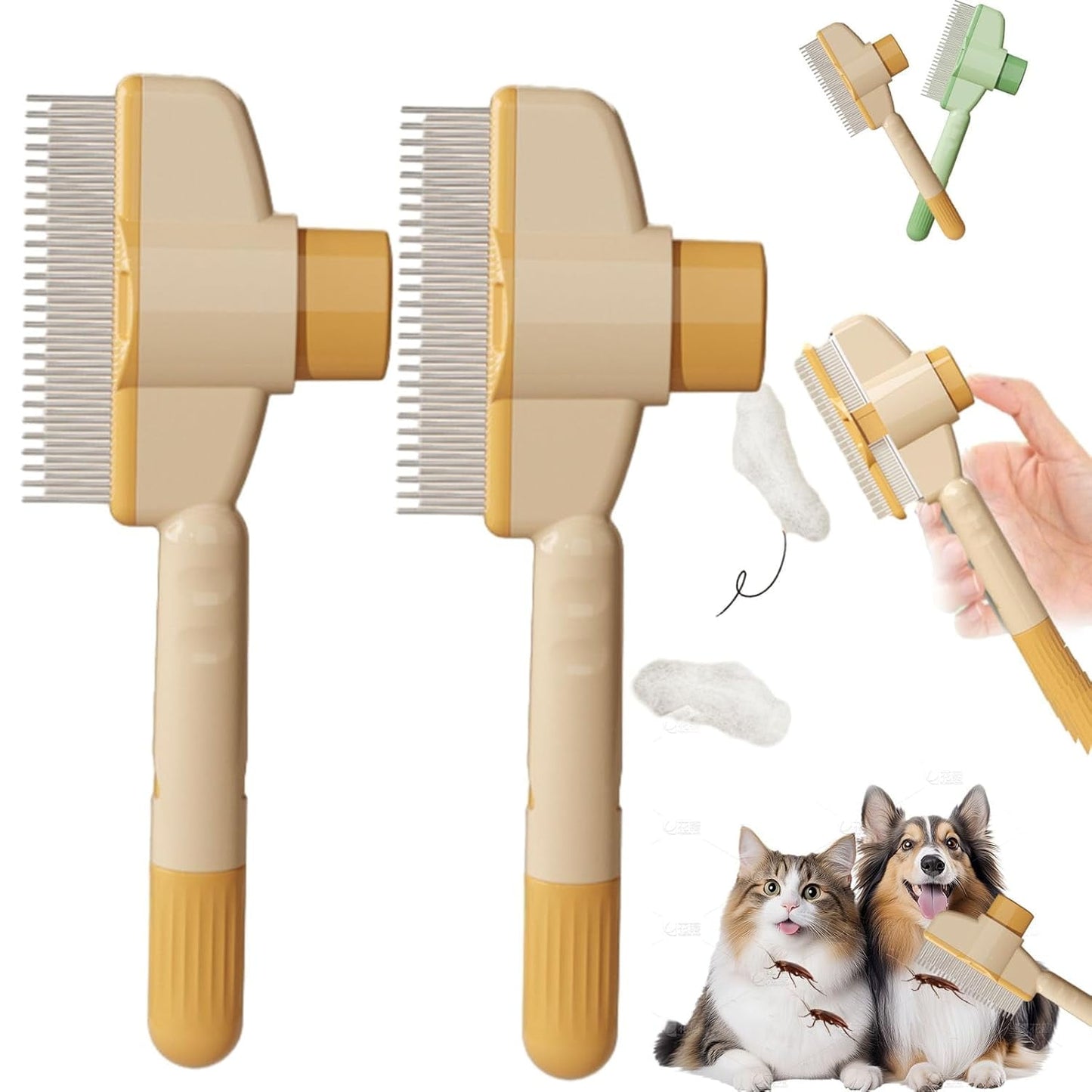 Self-Cleaning Pet Flea Comb Grooming Brush, 2025 New Pet Hair Removal Comb Flea Comb with Release Button, Pet Flea Comb for Cats & Dogs, Pet Grooming Brush for Short&long Hair (Green)
