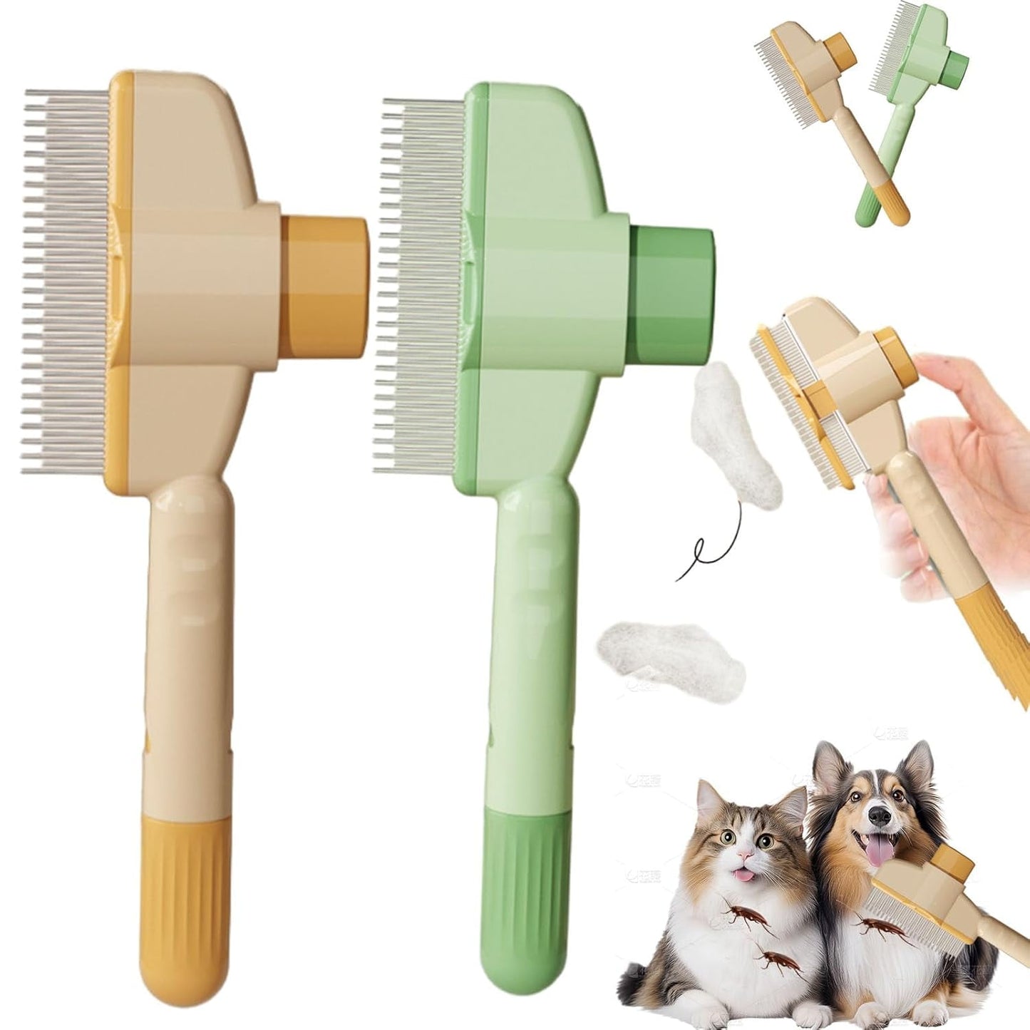 Self-Cleaning Pet Flea Comb Grooming Brush, 2025 New Pet Hair Removal Comb Flea Comb with Release Button, Pet Flea Comb for Cats & Dogs, Pet Grooming Brush for Short&long Hair (Green)