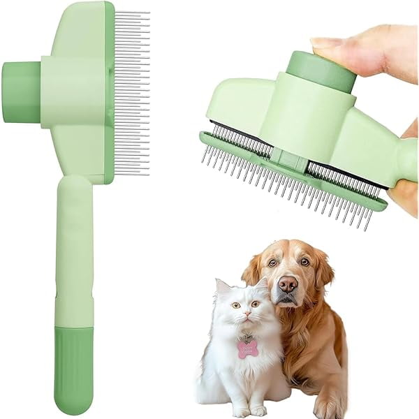 YJJSKEJI Zen Brush for Cats - Self Cleaning Cat Comb with Long & Short Stainless Steel Teeth | Zenbrush Pet Grooming Tool for Shedding Hair Removal, Massage & Flea Control (2pcs) (Green)