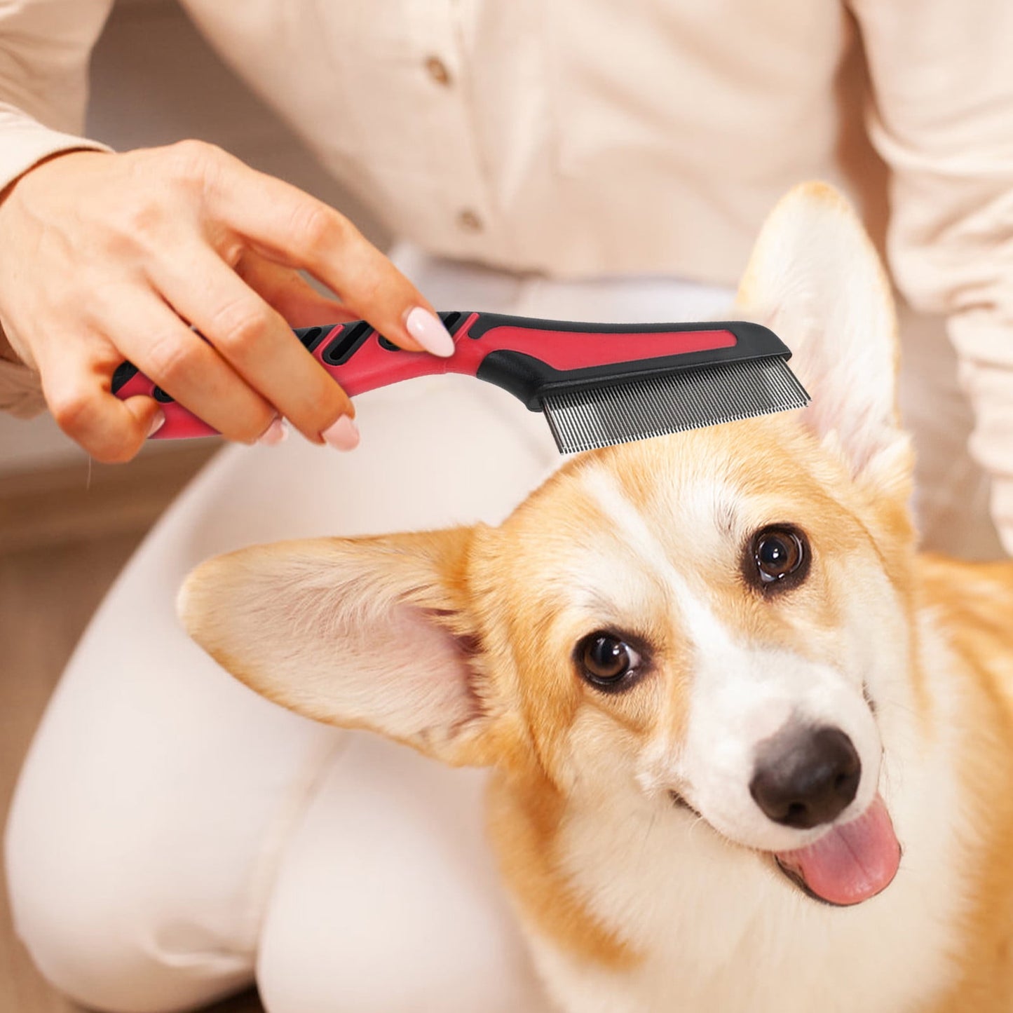Pet Flea Comb Double Row | Lice & Tick Removal Tool | Long Handle Grooming Accessory for Dogs Cats Rabbits | Anti-scratch Rounded Teeth | 15.3cm | Pet Hair Care Comb