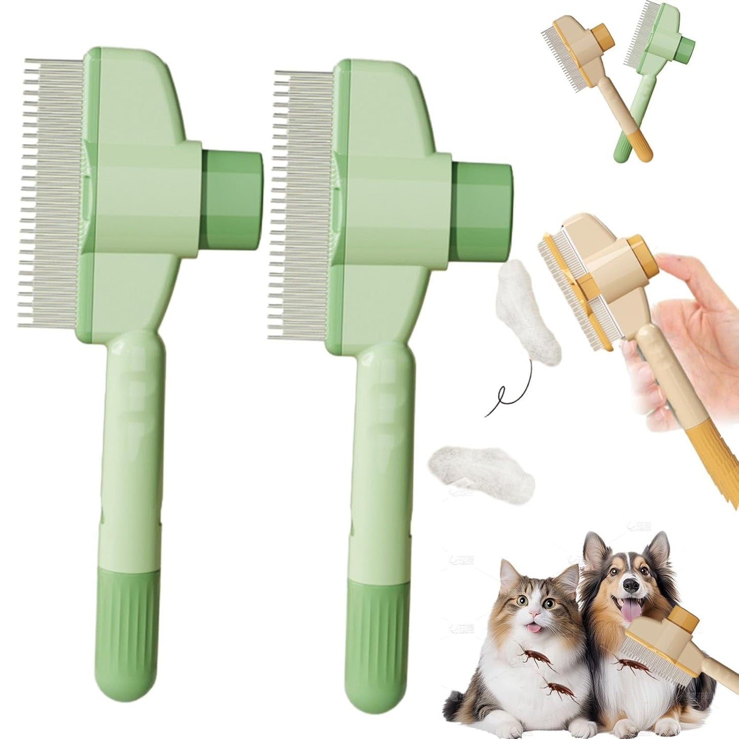 Self-Cleaning Pet Flea Comb Grooming Brush, 2025 New Pet Hair Removal Comb Flea Comb with Release Button, Pet Flea Comb for Cats & Dogs, Pet Grooming Brush for Short&long Hair (Green)