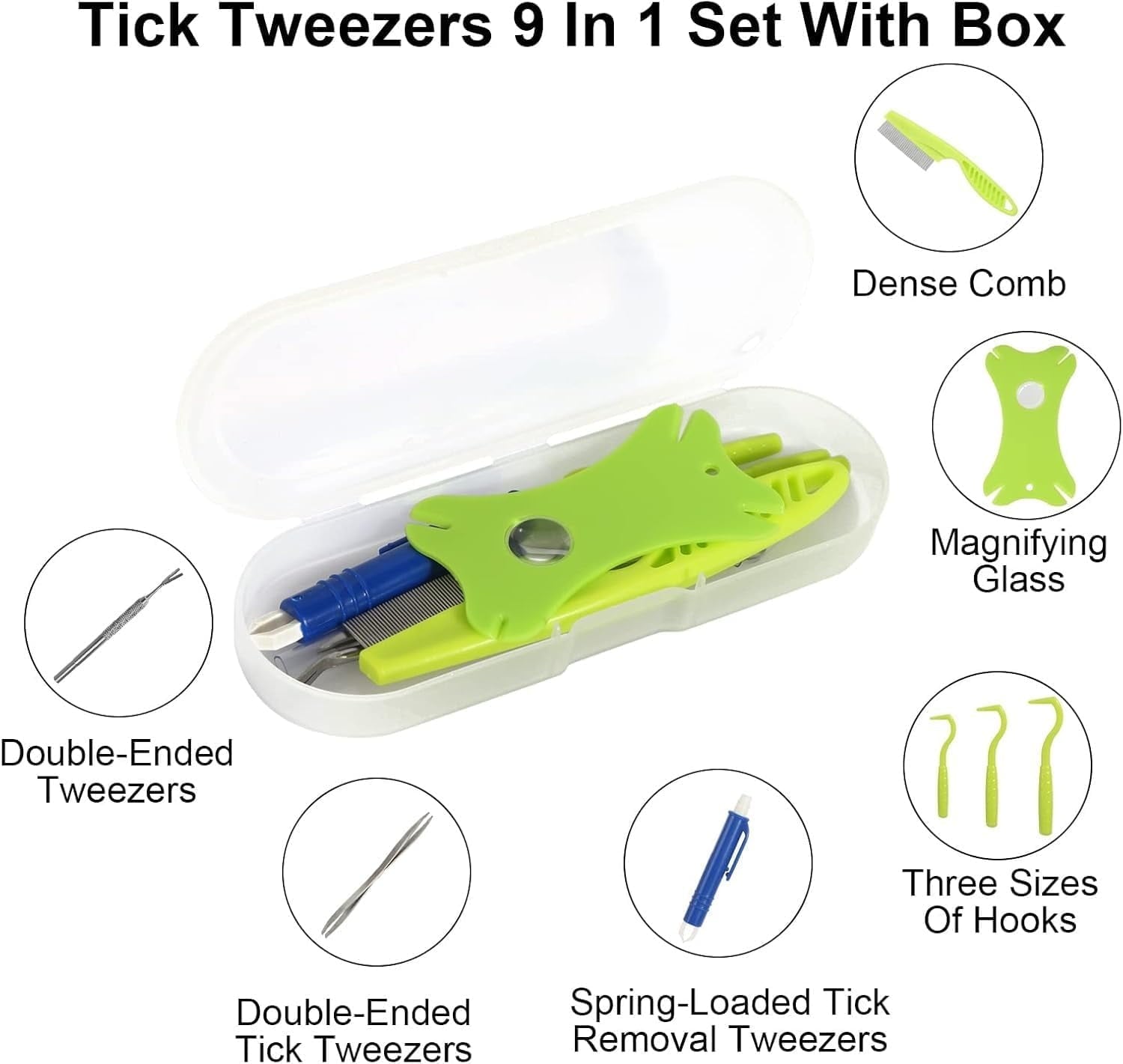 Tick Removal Tool 8 in 1 with Storage Box, Tick Tweezers, Flea Comb, Magnifying Glass, Dog Tick Remover Tool Tick Removal Kit Tick Removal Tool for Dogs Cats Pet Tick Comb (Tick Removal Tool 8 in 1)