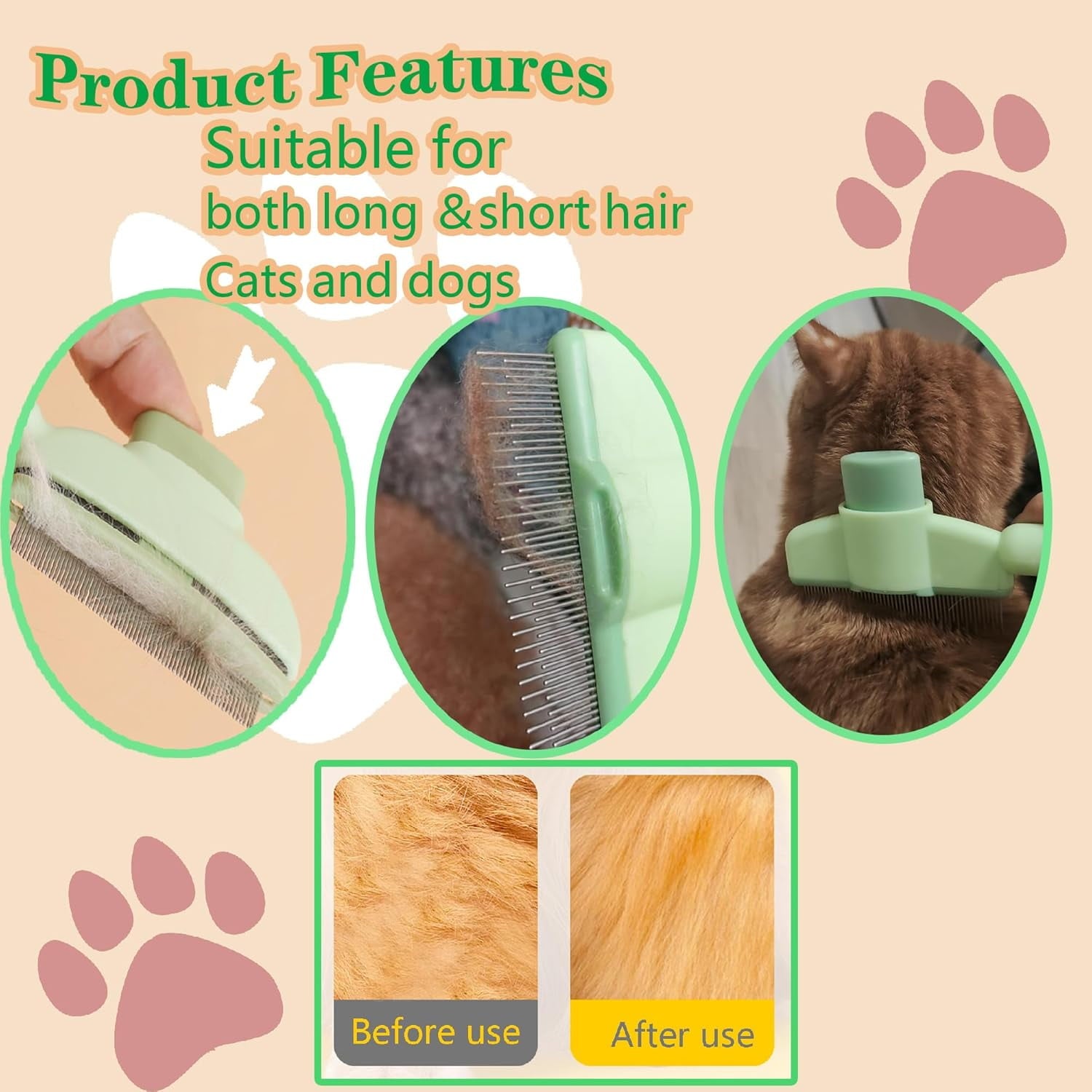 Cat Comb Dog Comb Pet Hair Removal Tool Flea Comb For Cats And Dog Lice Comb Cat Brush With Release Button Self-Cleaning With Long & Short Stainless Steel Metal Teeth For Shedding