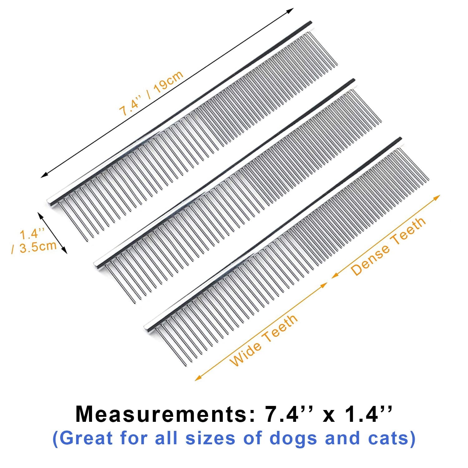 Dog Combs Cat Combs 3 Pack Pet Combs Stainless Steel Metal Comb Wide Tooth Comb&Dense Tooth Comb Flea Comb for Cats Dogs Dog Grooming Comb-Silver